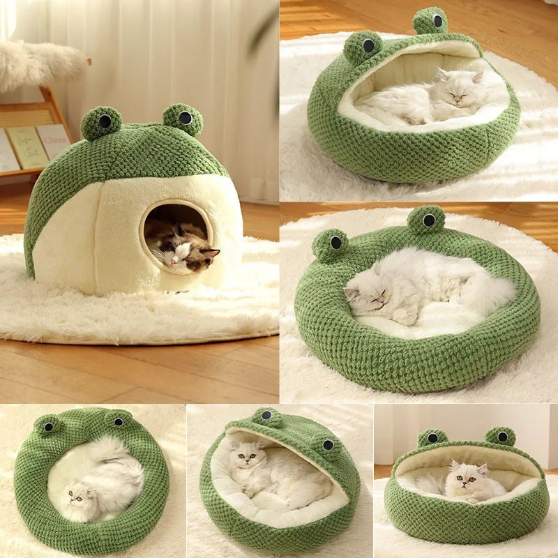 Cute Frog Pet Bed – Plush Cat & Dog Nest for Autumn & Winter