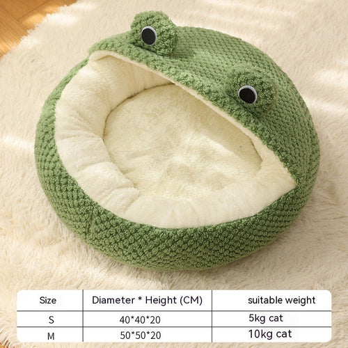 Cute Frog Pet Bed – Plush Cat & Dog Nest for Autumn & Winter
